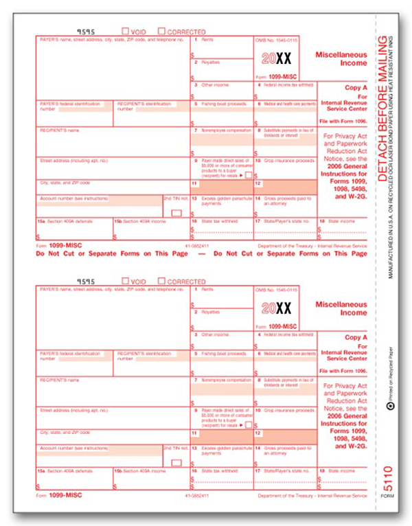 1099 Misc. Income Individual Laser Sheets (Federal Copy A)