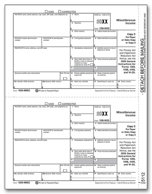 1099 Misc. Income Individual Laser Sheets  (Payer/ State Copy C)