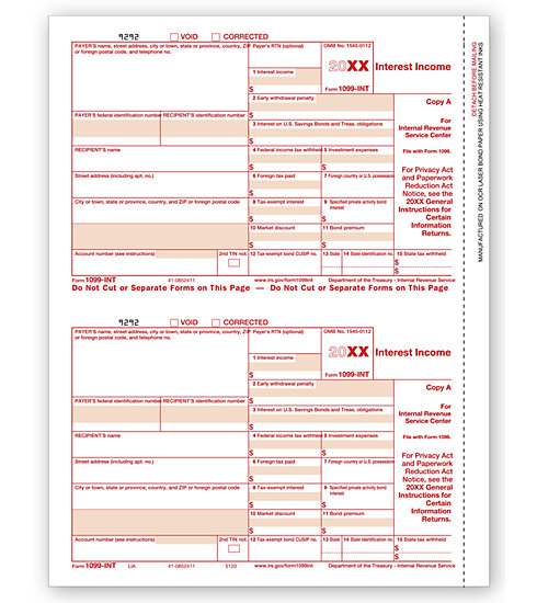 1099-INT Interest Income Individual Laser Sheets (Federal Copy A)