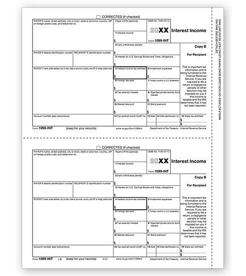 1099-INT Interest Income Individual Laser Sheets Recipient B)