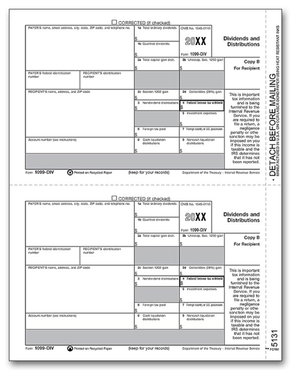 1099-DIV Dividend Income Individual Laser Sheets Recipient Copy B