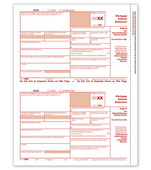 1098 Mortgage Interest Laser Forms (Federal Copy A)