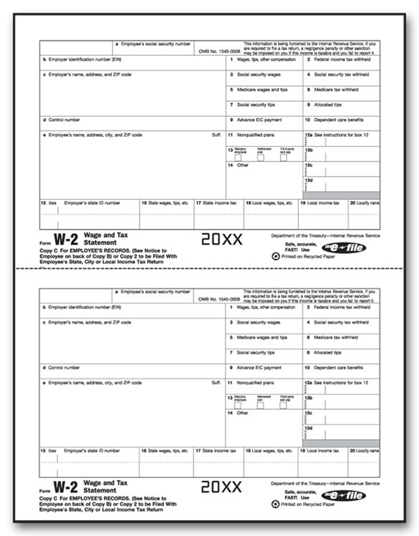 W-2 Individual Laser Sheets 2 Up Employee (Copy C or 2)