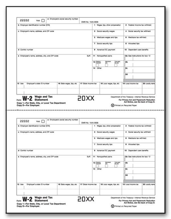 W-2 Individual Laser Sheets 2 Up Employer, State City, Local (Copy 1)