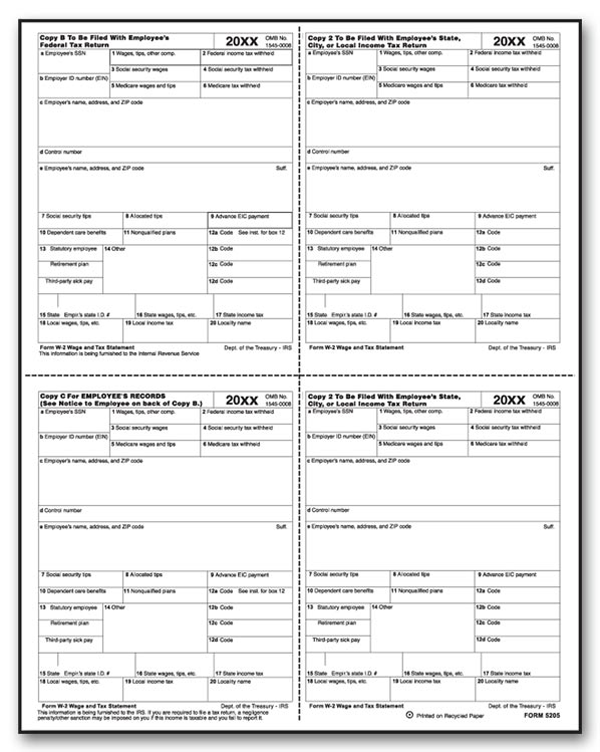 W-2 4-Up Laser Form Set (Box) -NOT QUICKBOOKS COMPATIBLE