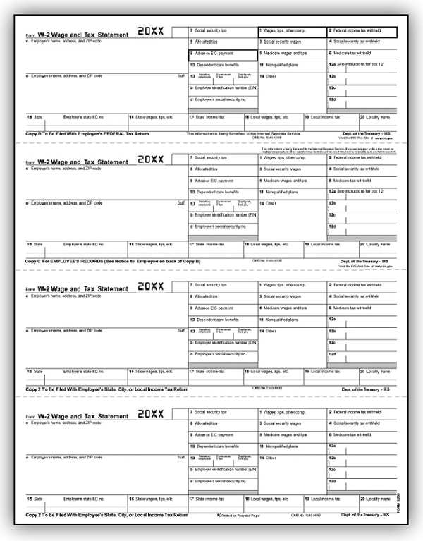 W-2 4-up Laser Sets, (Horizontal)