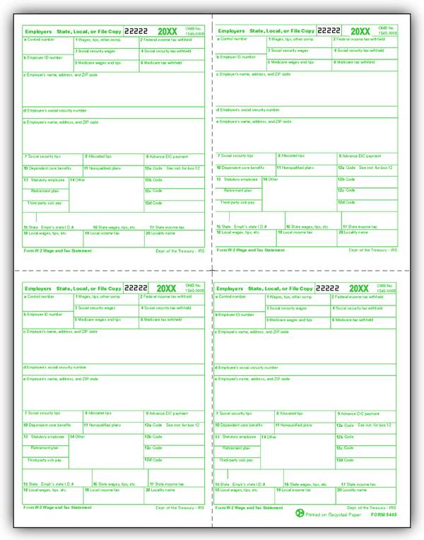 W-2 4-up Laser Sets (Box - Green)- NOT QUICKBOOKS COMPATIBLE