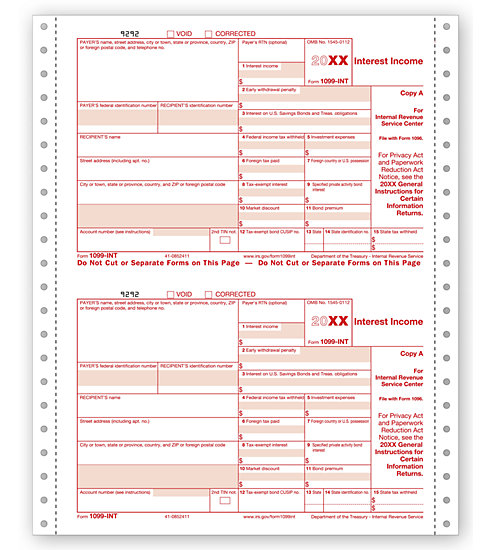 Continuous 1099-INT Income Carbonless Electronic Filing