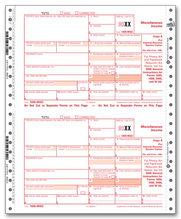 Continuous 1099-MISC Income Sets, Carbonless