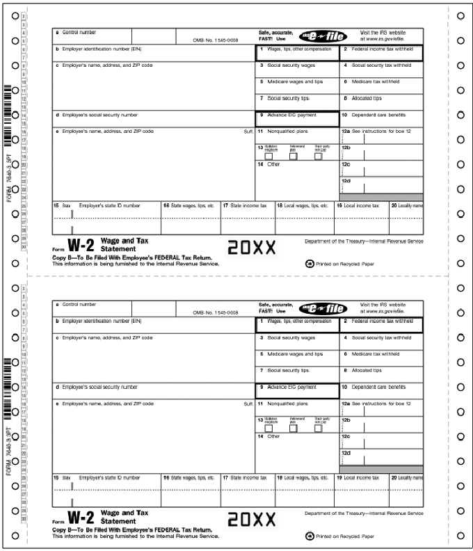 Continuous W-2, Twin Set, Carbonless, Magnetic Media ( 3 part)