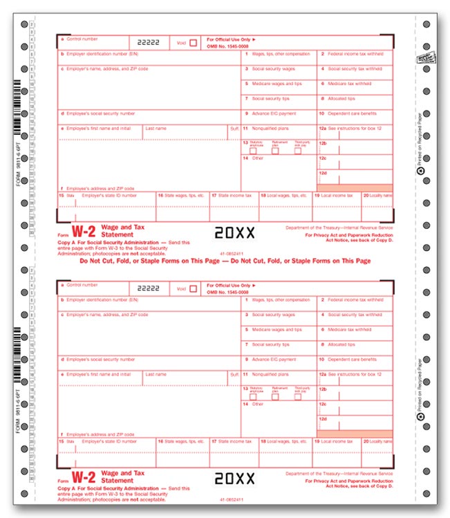 Continuous W-2 One-Wide Sets (4-Part Carbonless)