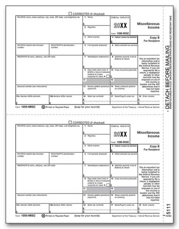 1099 Misc. Income Individual Laser Sheets (Receipt Copy B)