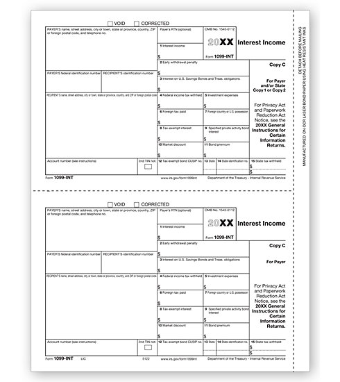 1099-INT Interest Income Individual Laser Sheets (State Copy C)