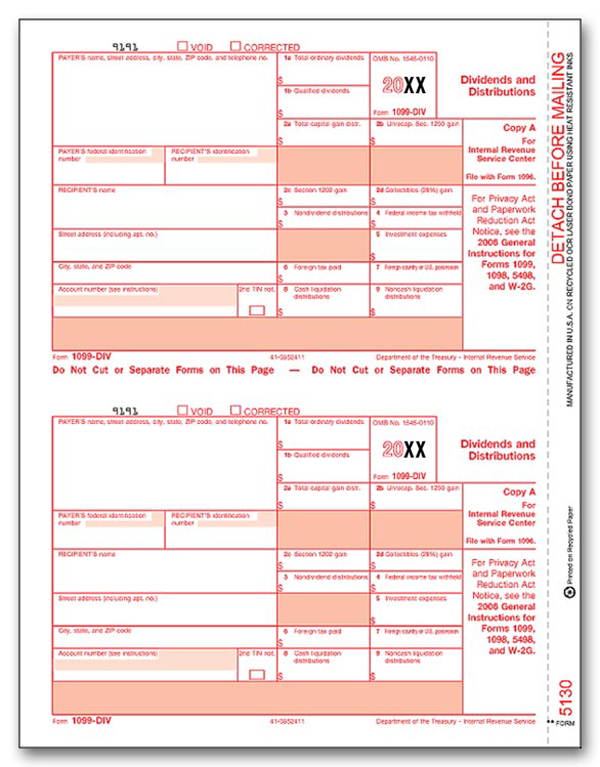 1099-DIV Dividend Income Individual Laser Sheets (Federal Copy A)