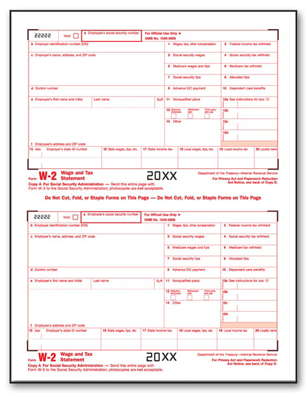 W-2 Individual Laser Sheets 2 Up Federal A (Copy A)